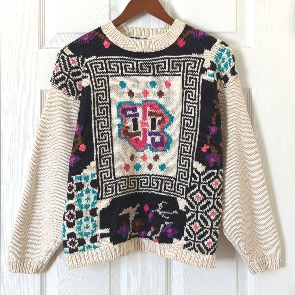 My 90's Vintage Funky Multicolored Abstract Knit Chunky Crewneck Sweater Cream M
